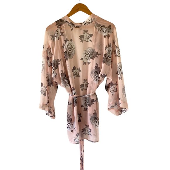 H&M Divided Women’s Baby Pink Grey Floral Chiffon Feel Kimono Top UK Size M - Picture 2 of 15